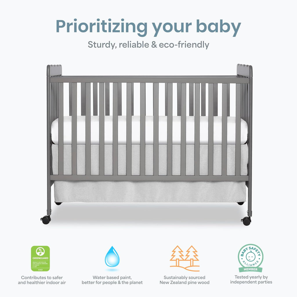 Dream On Me Carson Classic 3-in-1 Convertible Full-Size Baby Crib in Steel Grey, GreenGuard Gold & BSA, 4 Mattress Heights, Converts to Day & Toddler Bed, Locking Wheels, Classic Nursery Design