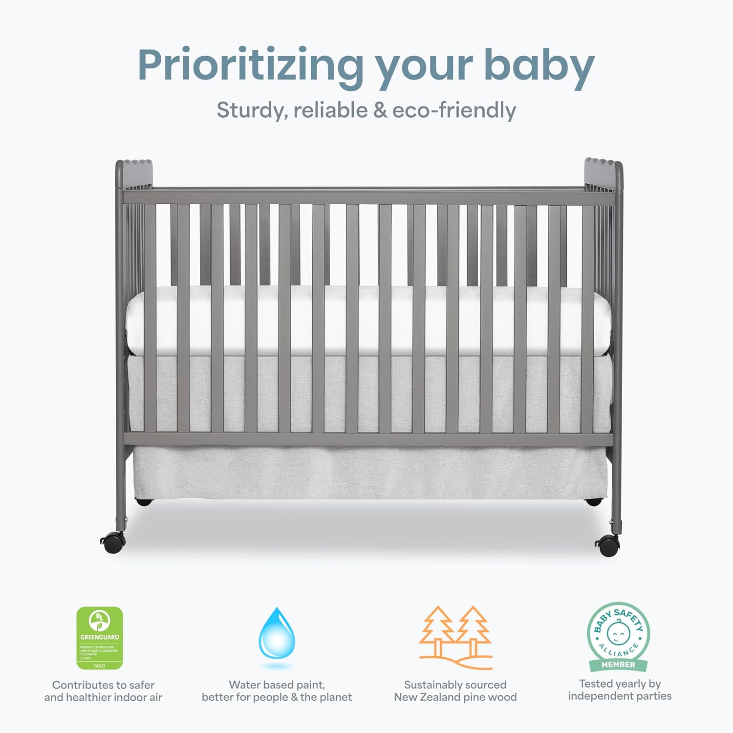 Dream On Me Carson Classic 3-in-1 Convertible Full-Size Baby Crib in Steel Grey, GreenGuard Gold & BSA, 4 Mattress Heights, Converts to Day & Toddler Bed, Locking Wheels, Classic Nursery Design
