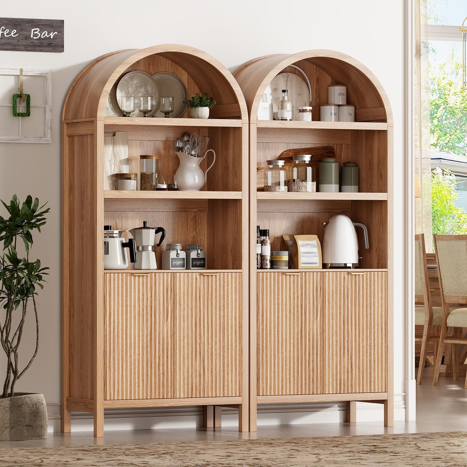 Ieejdn 71' Tall Arched Kitchen Pantry,Modern Fluted Wood Storage Cabinet with Doors,Adjustable Shelves,Organizer, Versatile Cupboard for Kitchen,Living Room,Dining Room,Bathroom,Wood