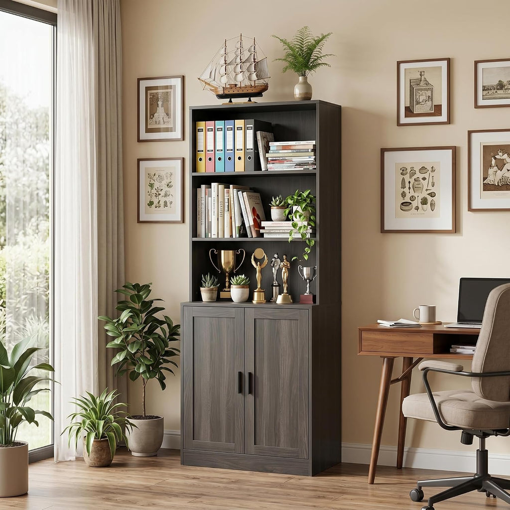 holzart 75' Tall Bookcase with Doors, 5 Tier Large Bookshelf with Cabinet, Standing Wood Display Book Shelf for Living Room, Office, Library with Doors, Dark Grey