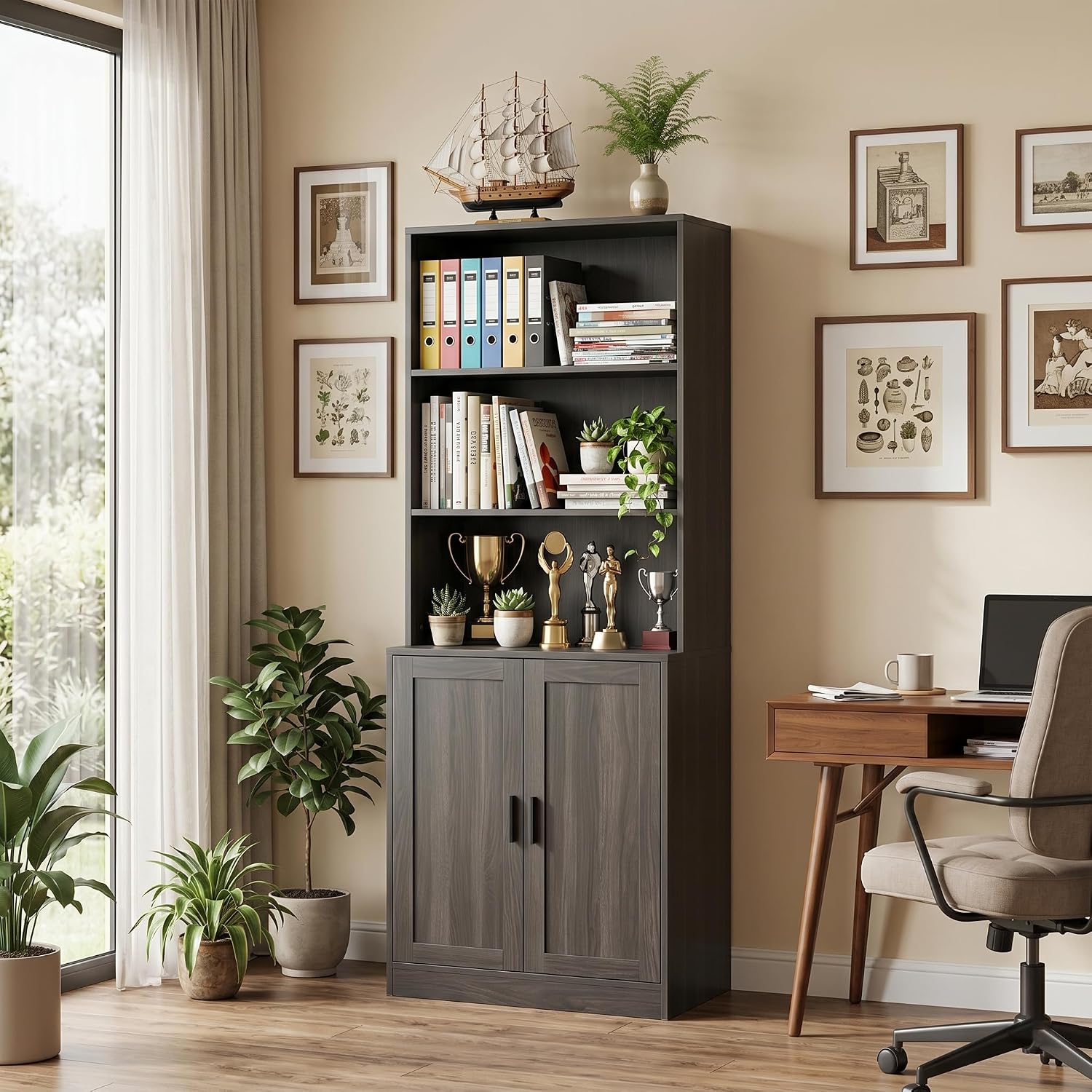 holzart 75' Tall Bookcase with Doors, 5 Tier Large Bookshelf with Cabinet, Standing Wood Display Book Shelf for Living Room, Office, Library with Doors, Dark Grey