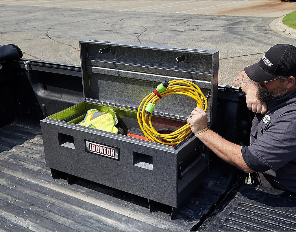 Ironton 36in. Jobsite Box – Heavy-Duty Steel Construction with Lockable Lid, 16-Gauge Powder-Coated Tool Storage Chest for Jobsite Equipment, Gray