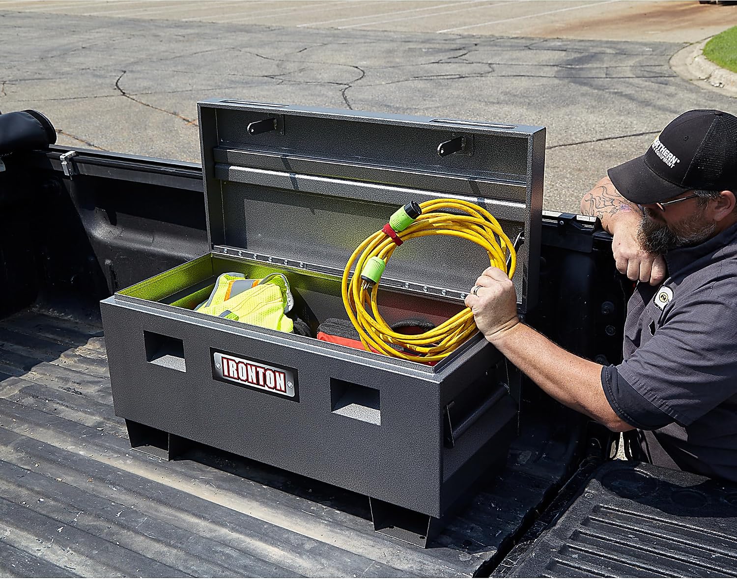 Ironton 36in. Jobsite Box – Heavy-Duty Steel Construction with Lockable Lid, 16-Gauge Powder-Coated Tool Storage Chest for Jobsite Equipment, Gray