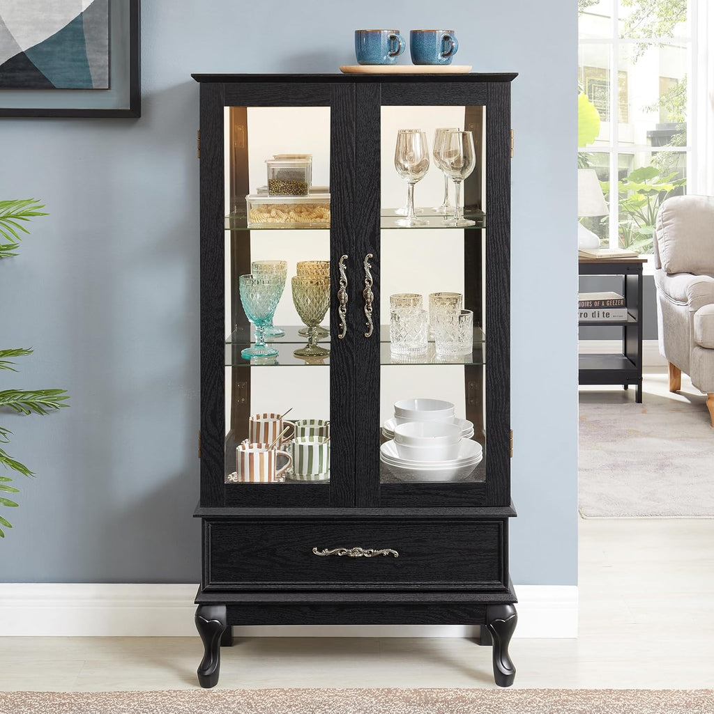 Glass Display Cabinet with Doors and Drawer, Lighted Curio Display Cabinet with Adjustable Glass Shelves and Mirrored Back Panel, Retro Floor Standing Storage Cabinets for Living Room, Black