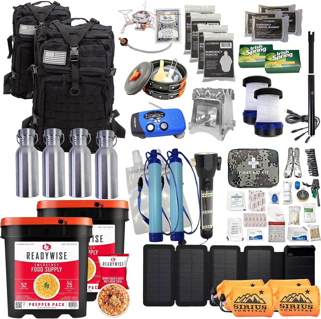 Family Comfort 72 Emergency Survival Kit/Backpack – 72 Hour for 2 People – Disaster Preparedness – Delicious ReadyWise Food, Gear, Lighting, First Aid, Tools & More - Sirius Survival