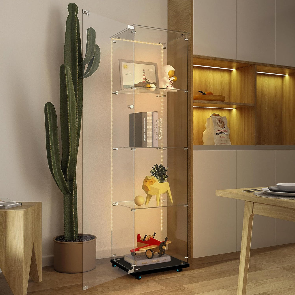 JT Glass Display Cabinet 4 Shelves with Door, Bluetooth LED Light Strip, Easy to Install, Tempered Glass Top, Floor Standing Curio Bookshelf for Living Room Bedroom Office (Black with LED)