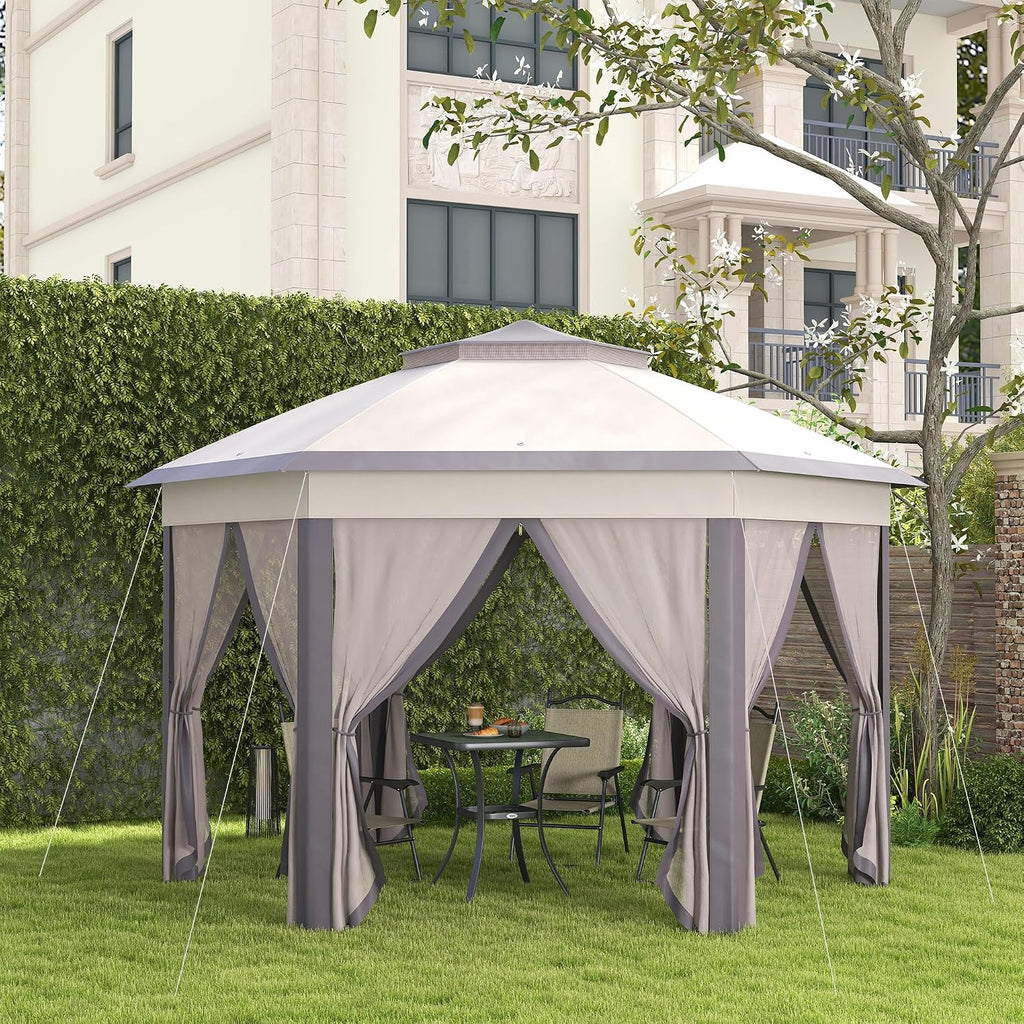 Outsunny 13' x 13' Pop Up Gazebo, Hexagonal Canopy Shelter with 6 Zippered Mesh Netting, Event Tent with Strong Steel Frame for Patio Backyard Garden Wedding Party, Coffee and Beige