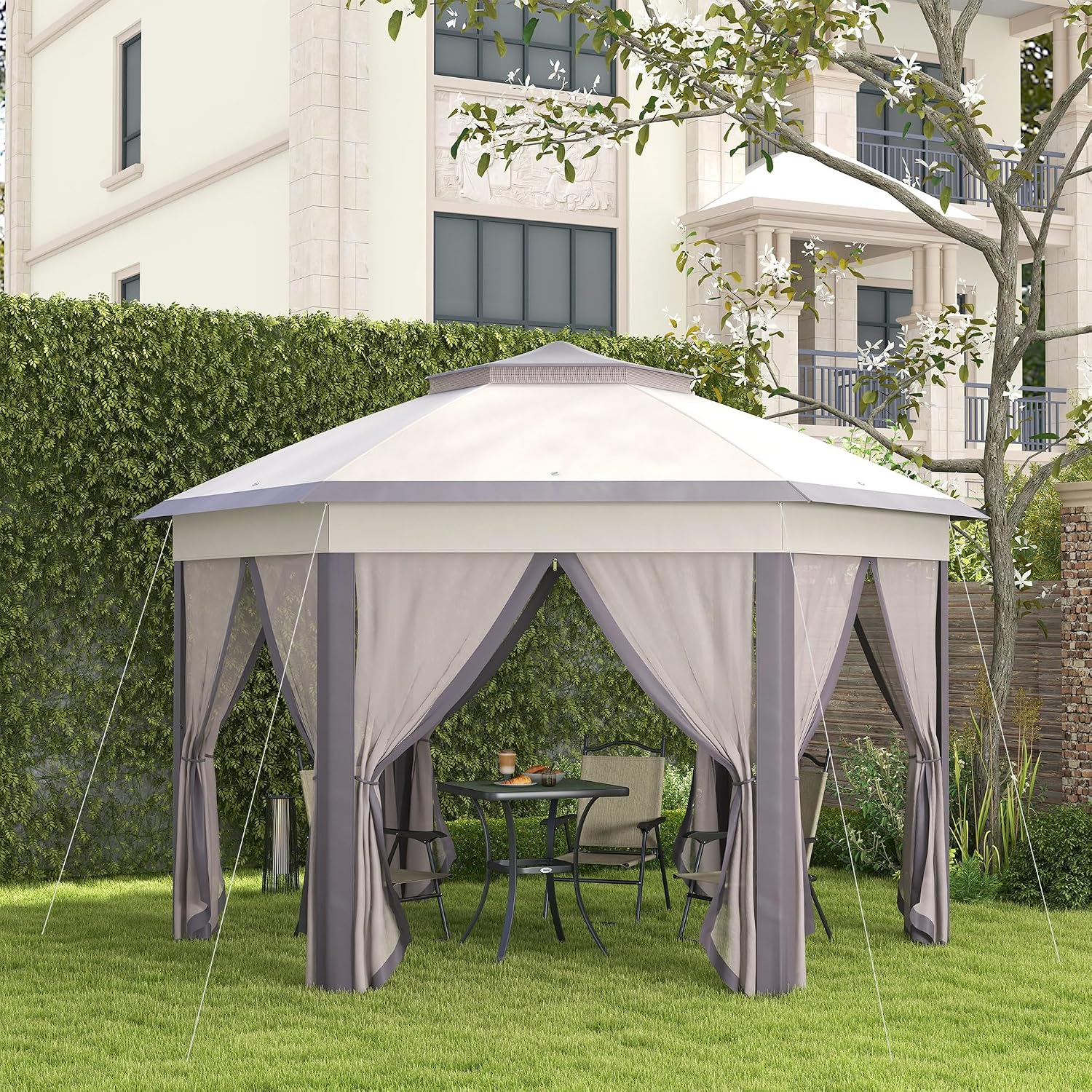 Outsunny 13' x 13' Pop Up Gazebo, Hexagonal Canopy Shelter with 6 Zippered Mesh Netting, Event Tent with Strong Steel Frame for Patio Backyard Garden Wedding Party, Coffee and Beige