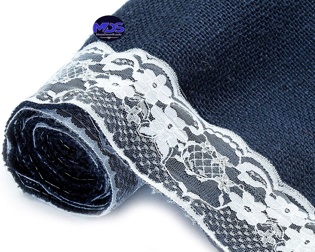 MDS Pack of 20 Wedding 12 x 108 inch Burlap Lace Hessian Table Runner Rustic Navy Blue Jute Country Vintage for Wedding Banquet Decoration – Navy Blue Lace Jute Burlap