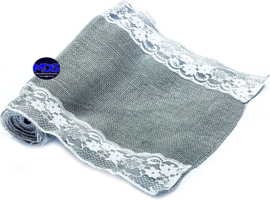 MDS Pack of 20 Wedding 12 x 108 inch Burlap Lace Hessian Table Runner Rustic Silver Gray Jute Country Vintage for Wedding Banquet Decoration – Silver Gray Lace Jute Burlap