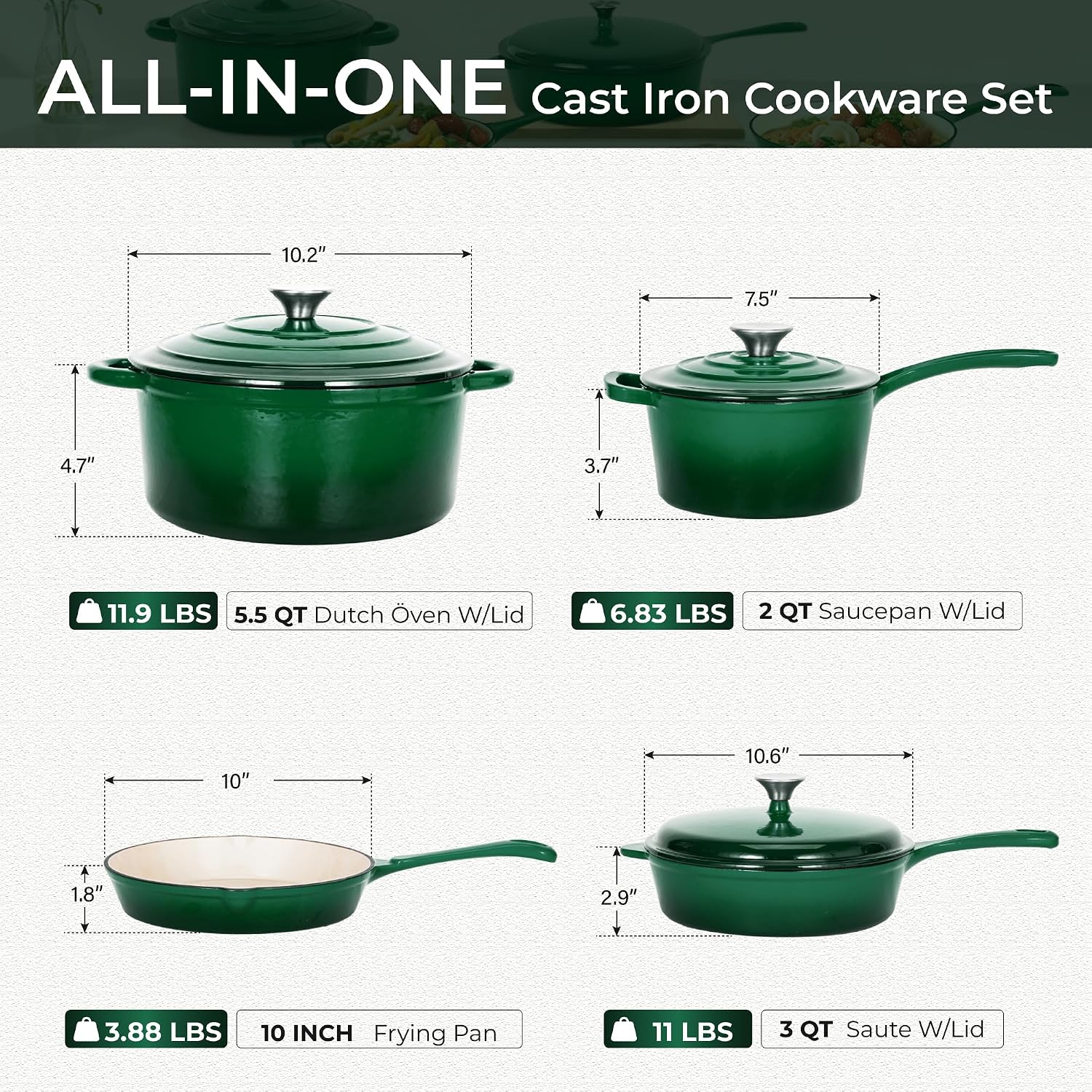 Kitchen Academy 7Pcs Enameled Cast Iron Cookware Sets - Non Toxic Pots and Pans Set, Induction Nonstick Cookware Set, PFOA&PFAS Free (Emerd)