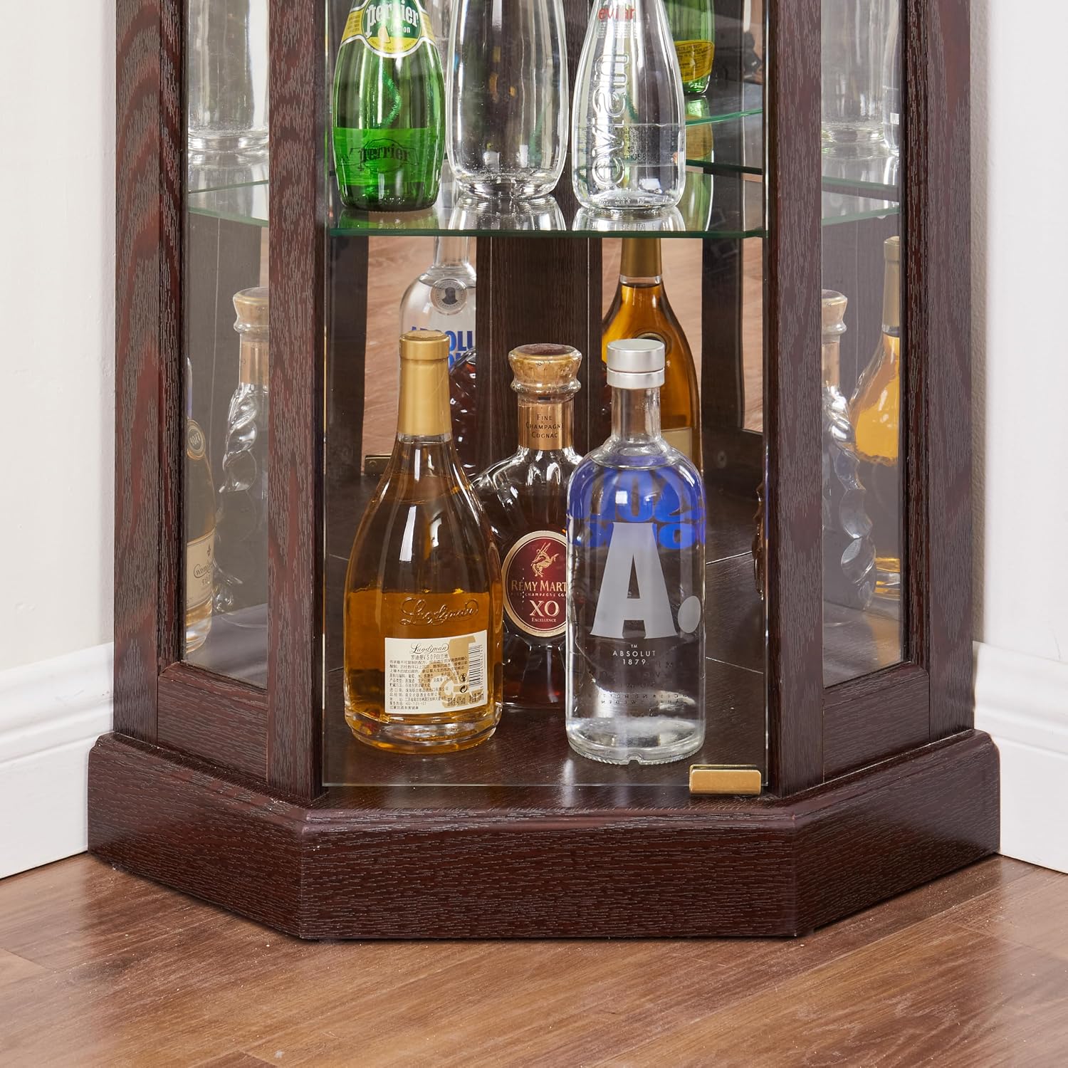 JT Corner Glass Cabinet Lighted Curio Cabinet Corner Display Case for Living Room, Curio, Antique Collection, Wine,Bar Glass Storage Light Included (Cherry)