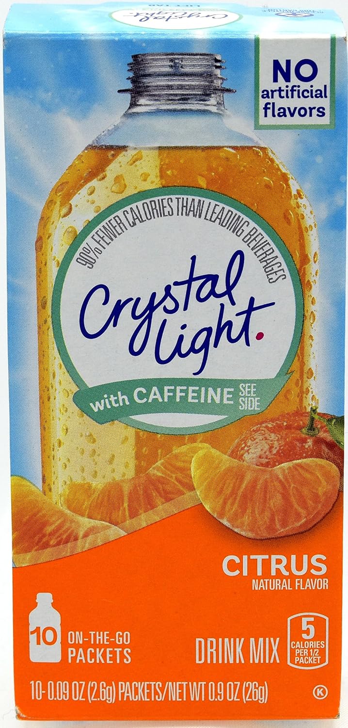 Crystal Light On-The-Go Drink Mix Packets with Caffeine, Zero Sugar Powdered Water Enhancer, Natural Flavor Low Calorie Energy Beverage Mix, Citrus, 0.09 Ounce Packets, 10 Count (Pack of 26)