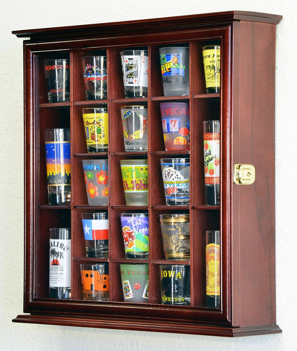 sfDisplay.com,LLC. 21 Shot Glass Shotglass Shooter Display Case Holder Cabinet Wall Rack 98% UV Lockable