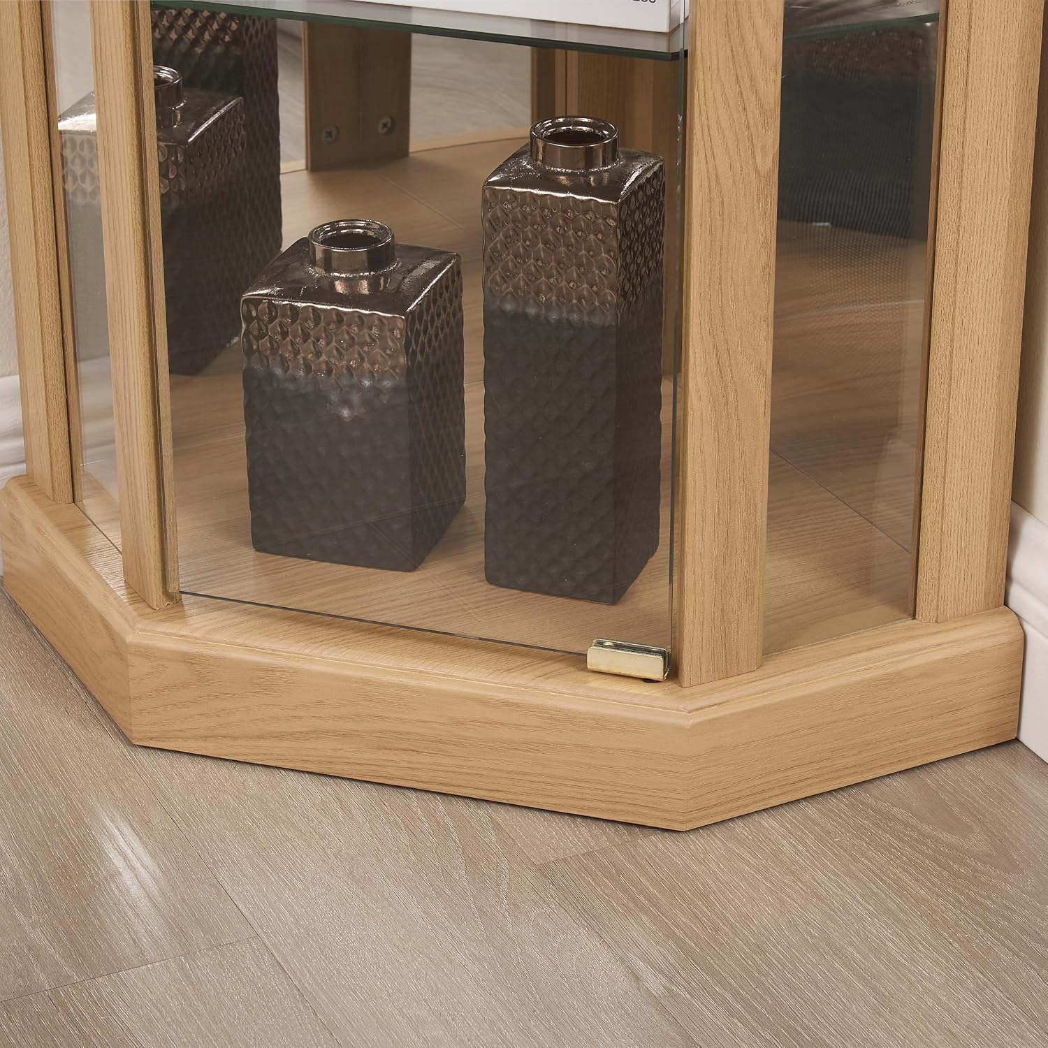 Ball & Cast 70' H Lighted Corner Curio Cabinet, Glass Display Cabinet with 5 Tempered Adjustable Glass Shelves and Doors,Include Light Bulb, Rack for Living Room,Light Oak
