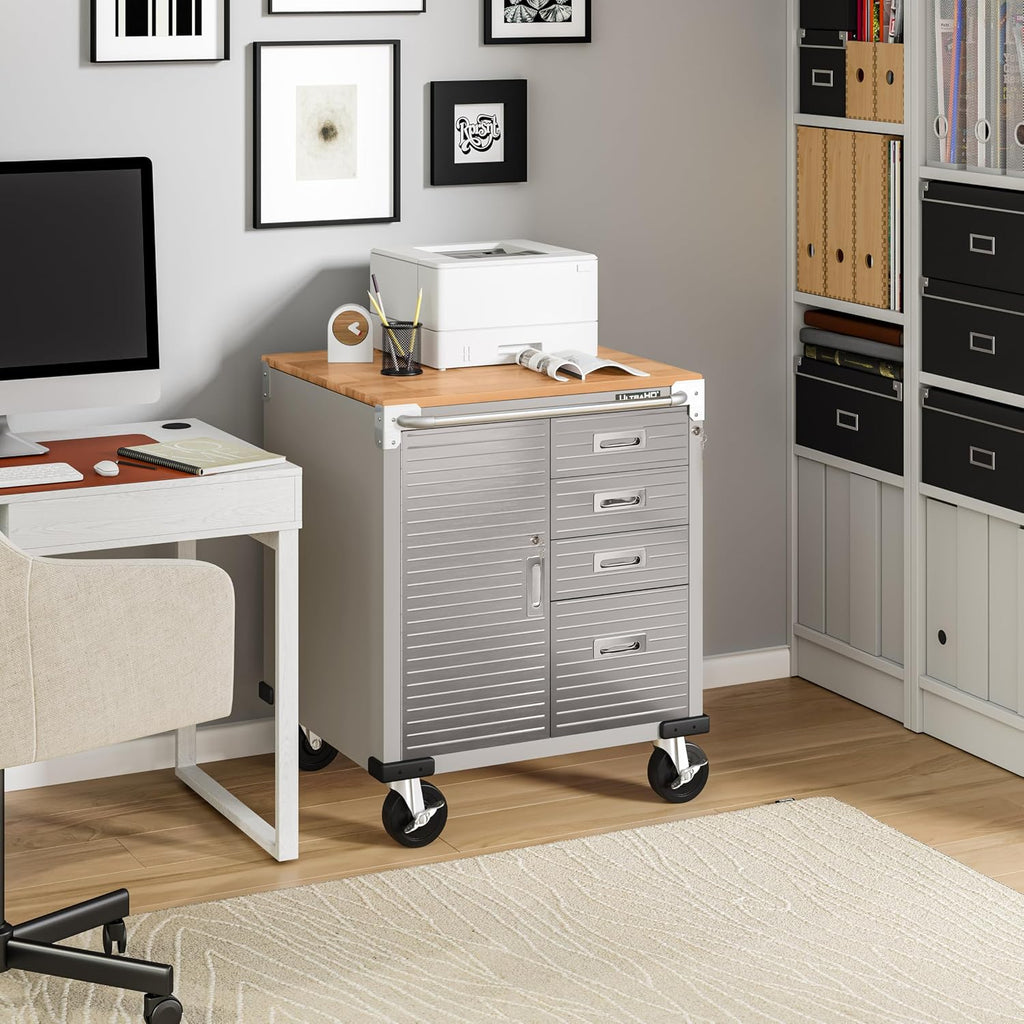 Seville Classics UltraHD Heavy Duty Rolling Cabinet Workbench Table w/Solid Wood Top, Workstation for Garage, Office, Workshop, Granite, 1-Door, 4-Drawer (28' W x 25' D)