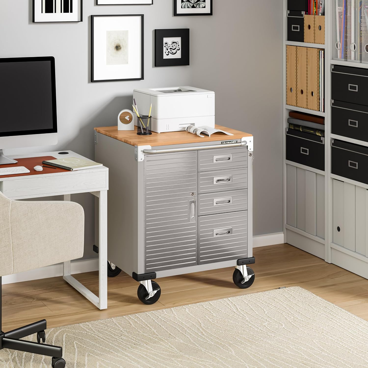 Seville Classics UltraHD Heavy Duty Rolling Cabinet Workbench Table w/Solid Wood Top, Workstation for Garage, Office, Workshop, Granite, 1-Door, 4-Drawer (28' W x 25' D)