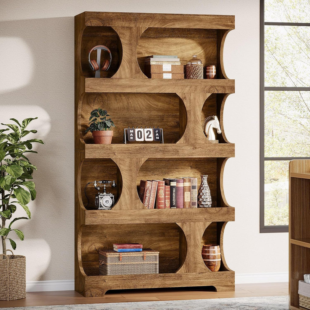 Tribesigns 71' Tall Bookcase Set of 2, Modern Asymmetrical Bookshelf, 4-Tier Freestanding Display Shelf with Classic Shape, Large Library Book Shelf for Living Room, Home Office, Brown