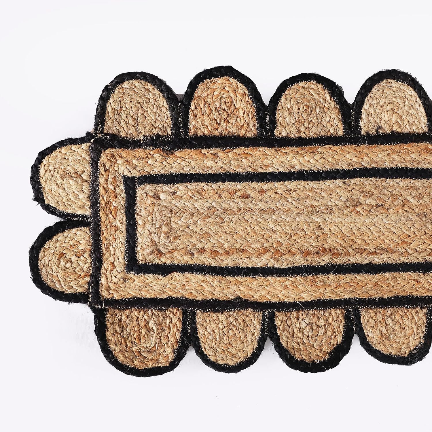 Pack of 2 Handmade Hand Braided Natural with Black Jute Scalloped Shape Eco-Friendly Table Runner-Runner for Dining Table Rug-13 x 120 Inch