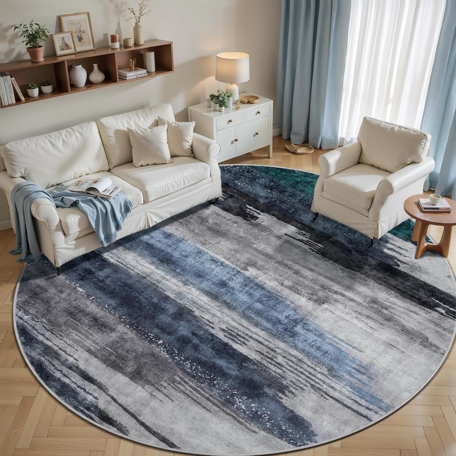 Ciicool 8ft Round Washable Rug, Modern Abstract Circle Rugs, Non-Slip Thin Lightweight Rug Navy Grey Circular Print Distressed Carpet for Bedroom Living Room Under Dining Table Home Office Decor