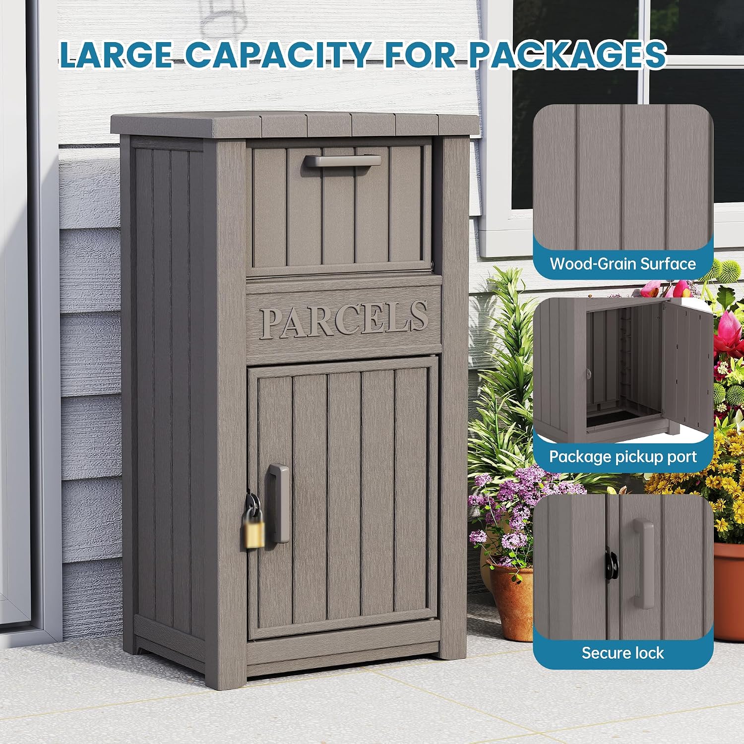 Package Delivery Box for Outside, Large Lockable & Weatherproof Anti-Theft Large Parcel Drop Box for Porch, Curbside, House Storage, Charcoal Gray(60 Gallon)