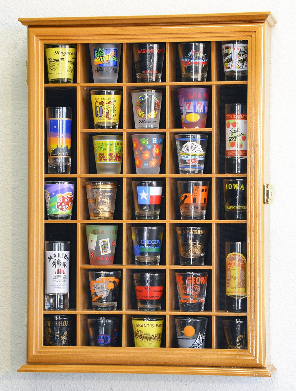 sfDisplay.com,LLC. 31 Shot Glass Shotglass Shooter Display Case Holder Cabinet Wall Rack -Oak