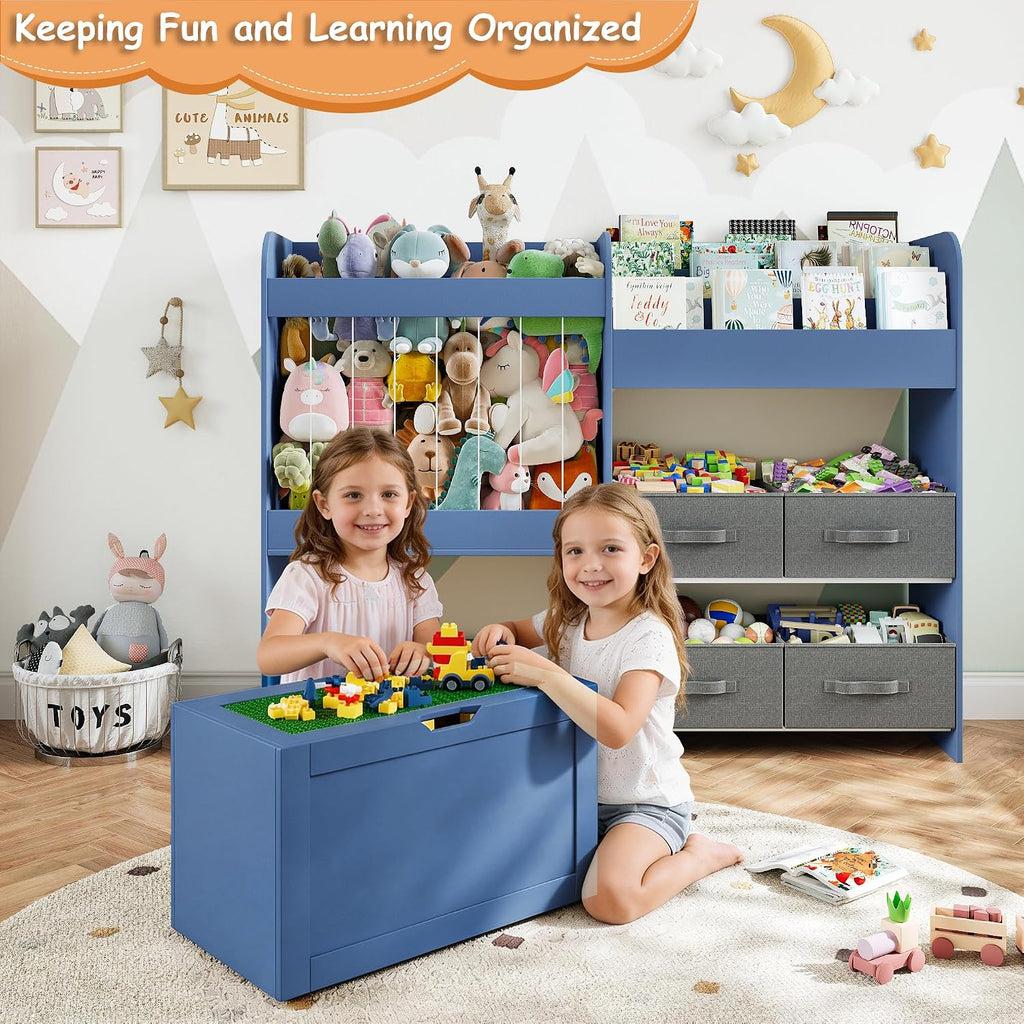 51.1' W Toy Storage Organizer with Stuffed Animal Storage, Kids Bookshelf with 4 Removable Bins, Movable Toy Box with Buildable Baseplate Lid Compatible with Lego Bricks, Ideal for Kids Room Playroom