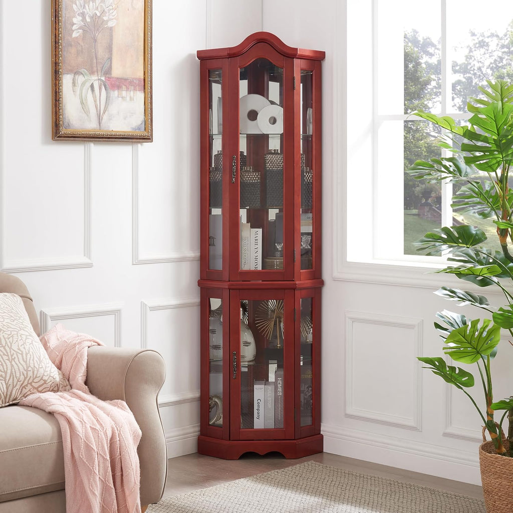 70' H Lighted Curio Cabinet Corner Display Case, Corner Glass Case w/Tempered Glass Door & Adjustable Shelves, Carved Crown Decoration Wooden Cabinet w/Mirrored Back Pane (Cherry)