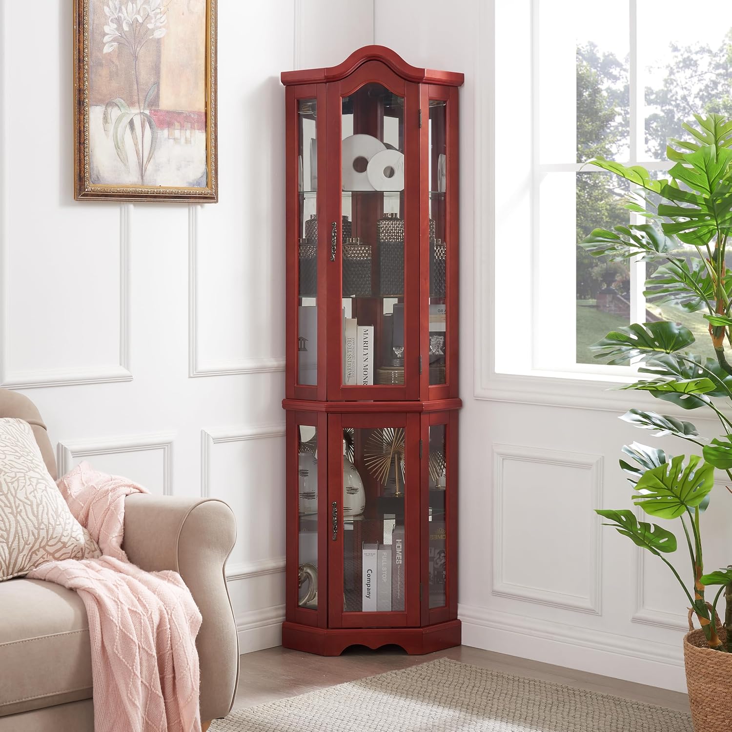 70' H Lighted Curio Cabinet Corner Display Case, Corner Glass Case w/Tempered Glass Door & Adjustable Shelves, Carved Crown Decoration Wooden Cabinet w/Mirrored Back Pane (Cherry)