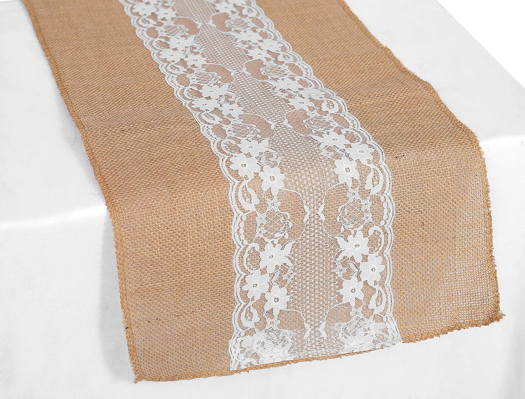 MDS Pack of 20 Wedding 12 x 108 inch Burlap Lace Hessian Table Runner Rustic Natural Jute Country Vintage for Wedding Banquet Decoration – Natural Lace Jute Burlap