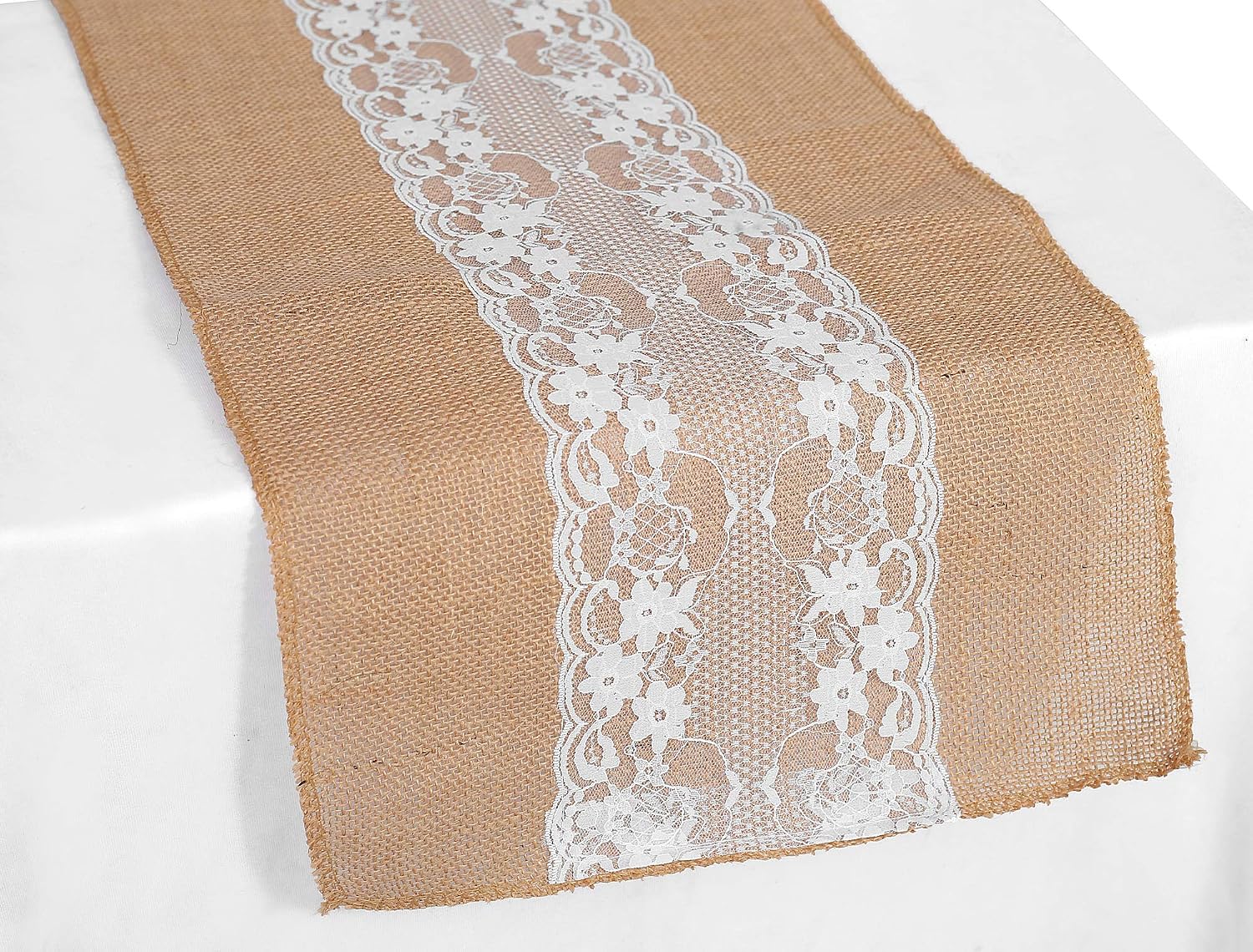 MDS Pack of 20 Wedding 12 x 108 inch Burlap Lace Hessian Table Runner Rustic Natural Jute Country Vintage for Wedding Banquet Decoration – Natural Lace Jute Burlap