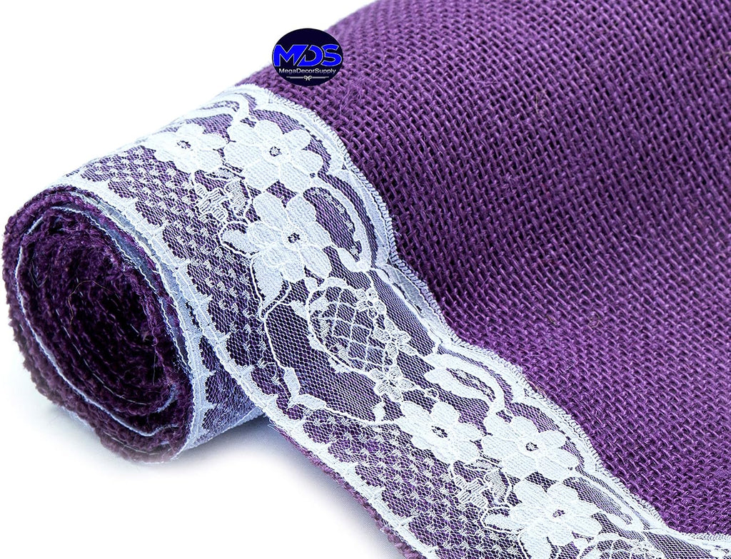 MDS Pack of 15 Wedding 12 x 108 inch Burlap Lace Hessian Table Runner Rustic Lavender Jute Country Vintage for Wedding Banquet Decoration – Lavender Lace Jute Burlap