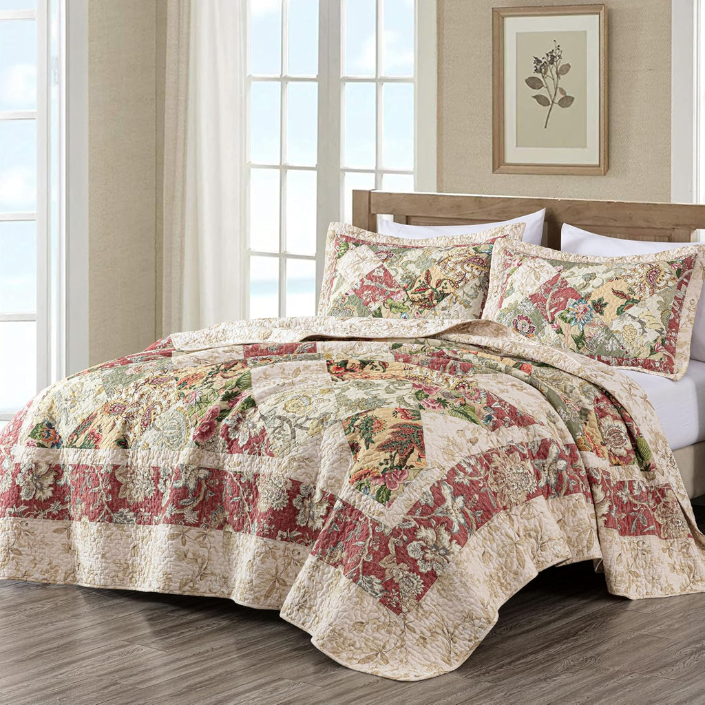 Chezmoi Collection Lunaria 3-Piece Washed Patchwork Cotton Quilt Set - Soft Lightweight Breathable Reversible Floral Quilted Bedspread for All Seasons. King Size