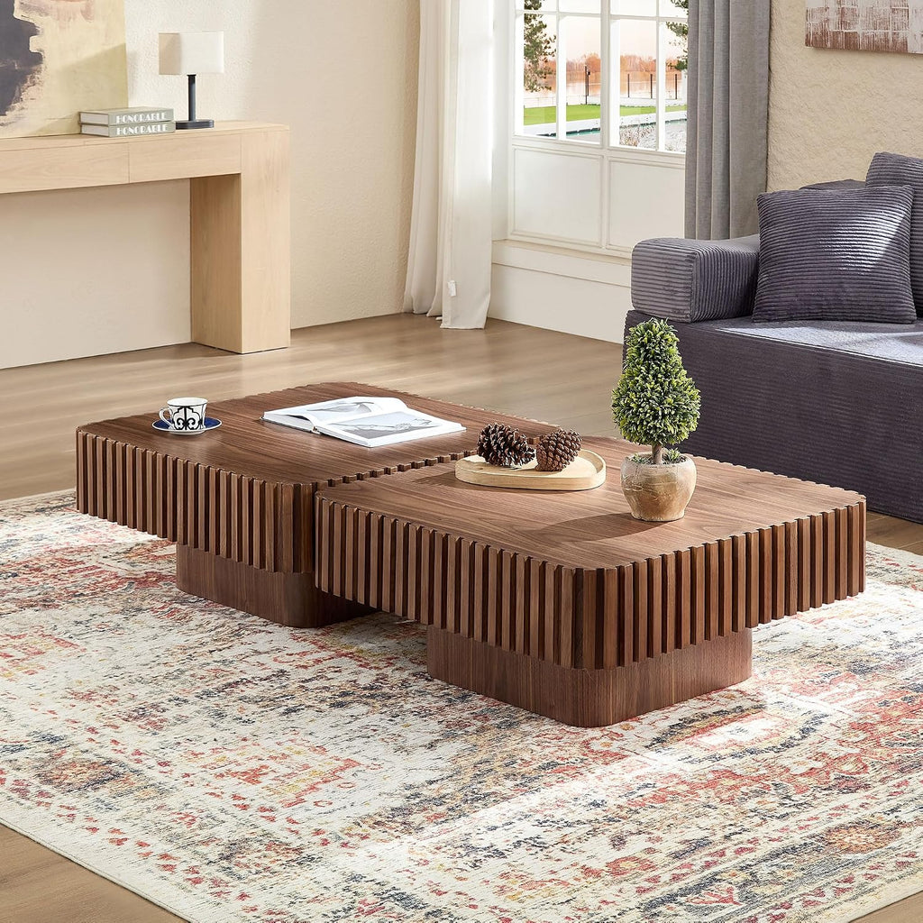 31.49'' Square Coffee Table Set of 2 for Living Room, Modern Wood Drum Pedestal Flute Embossment Coffee Table, Easy Assembly (Walnut, 2-Pcs)