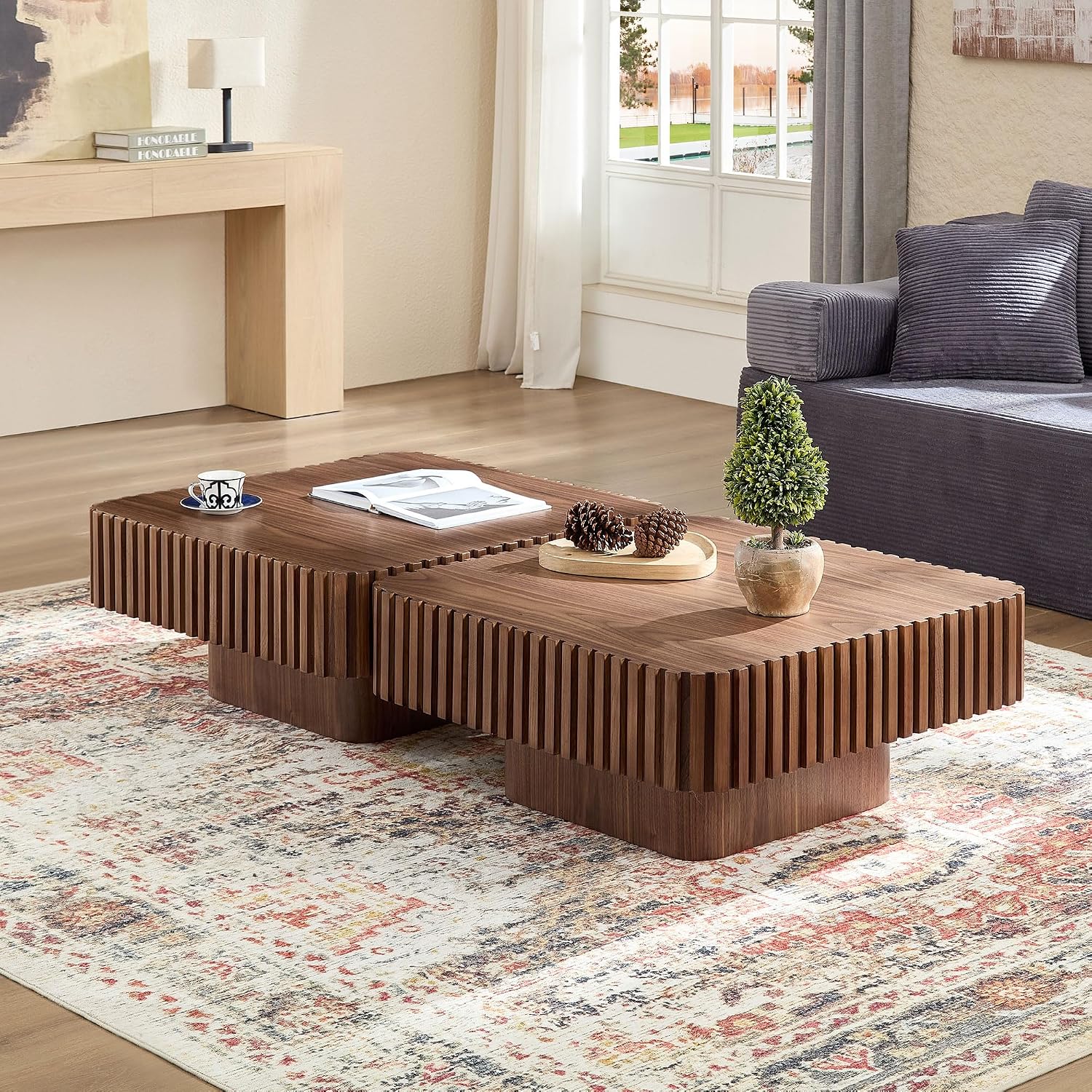 31.49'' Square Coffee Table Set of 2 for Living Room, Modern Wood Drum Pedestal Flute Embossment Coffee Table, Easy Assembly (Walnut, 2-Pcs)