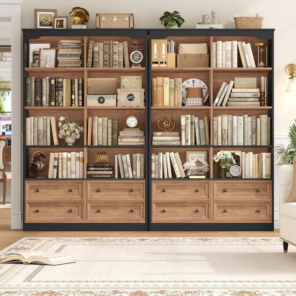 FINETONES 71' Tall Bookshelf with 4 Drawers, 6-Tier Double Wide Bookshelves and Bookcases with Storage, Tall Bookshelf Large Standing Book Cabinet for Home Office, Brown/Black