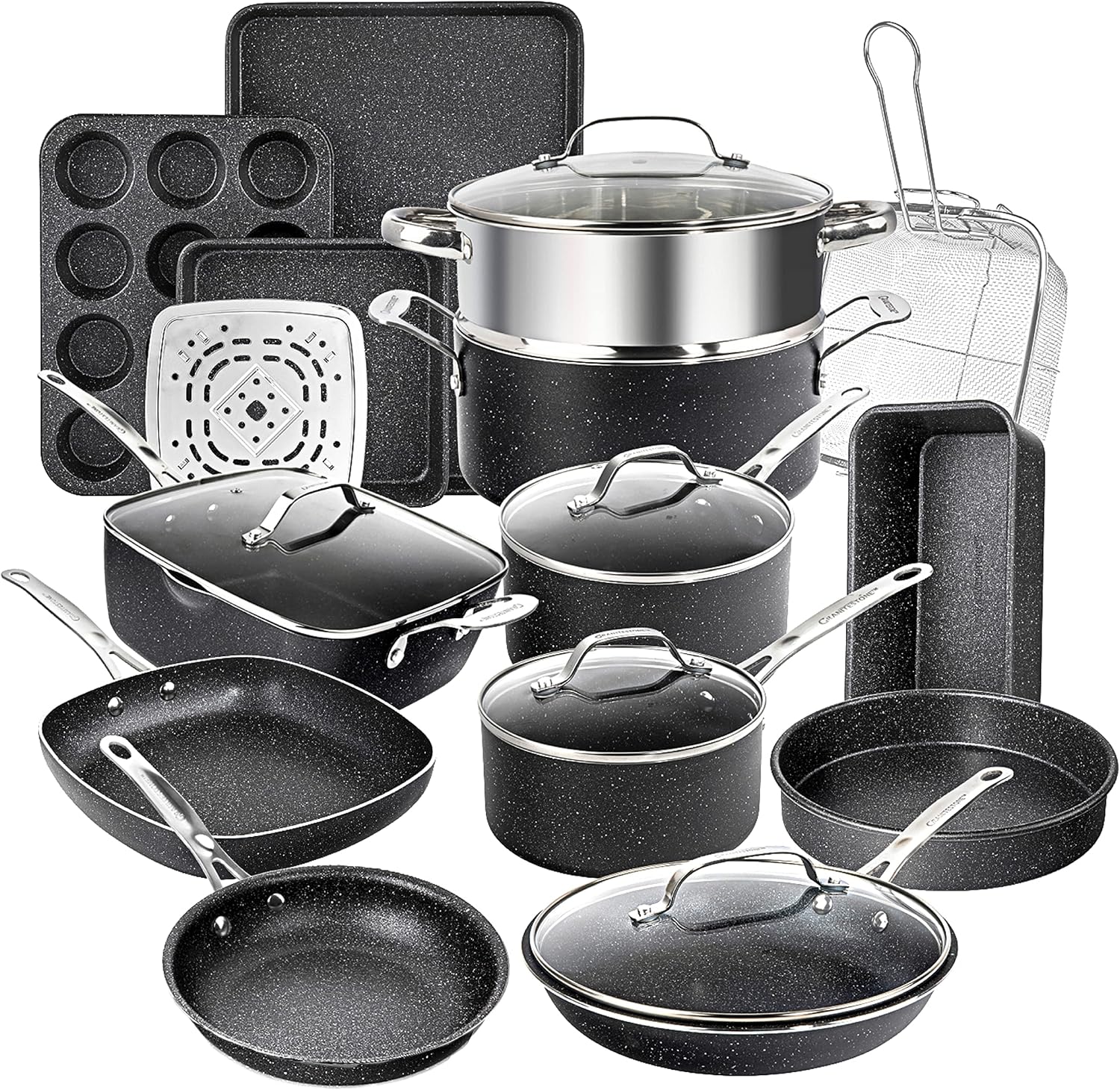 20 Pc Pots and Pans Set Non Stick - Granitestone Cookware Set with Frying Pan, Bakeware & Steamer, Diamond Infused, Aluminum, Non Toxic PFOA PFOS Free, Metal Utensil Safe, Oven Safe to 500°F, Black