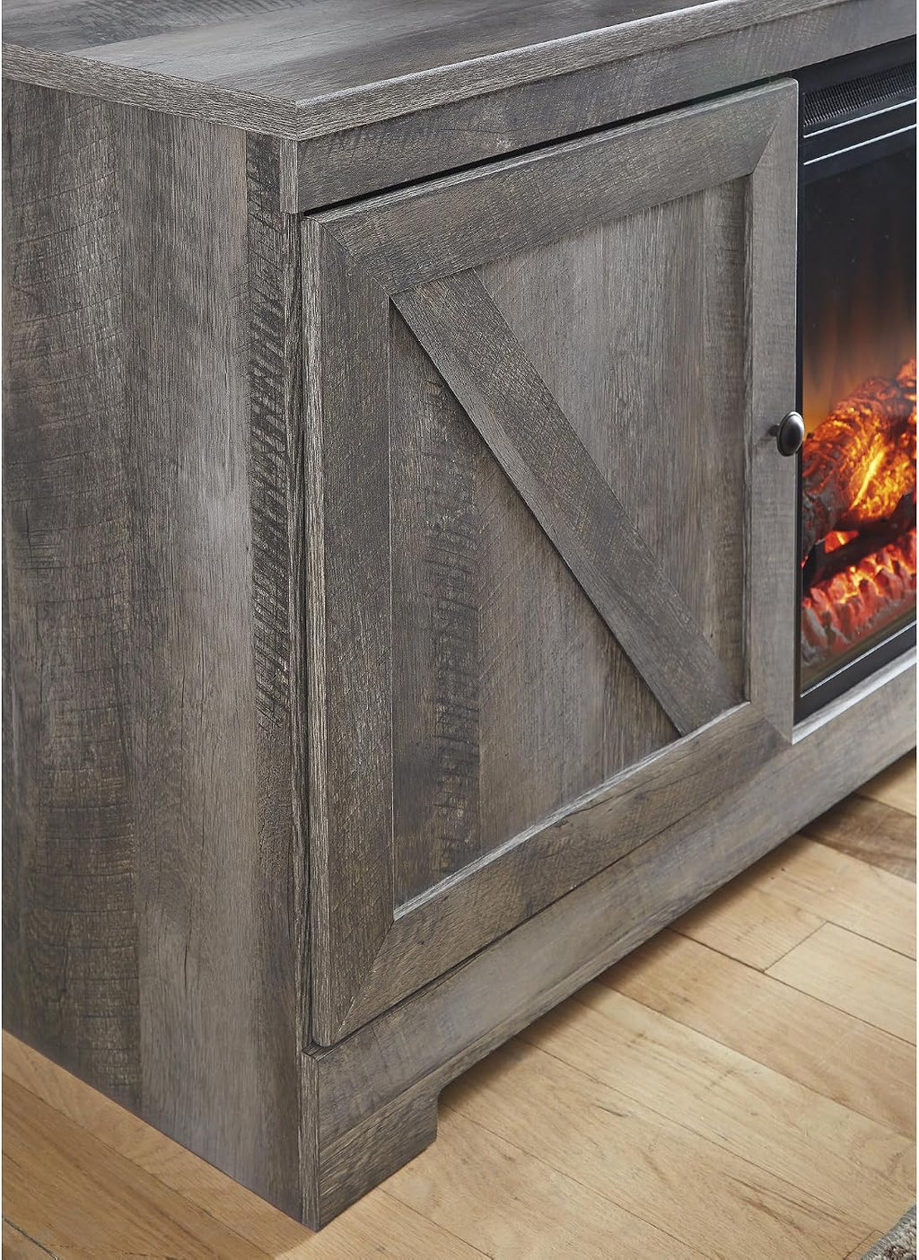 Signature Design by Ashley Wynnlow Farmhouse 63' TV Stand for TVs up to 72' with Electric Fireplace, Light Gray