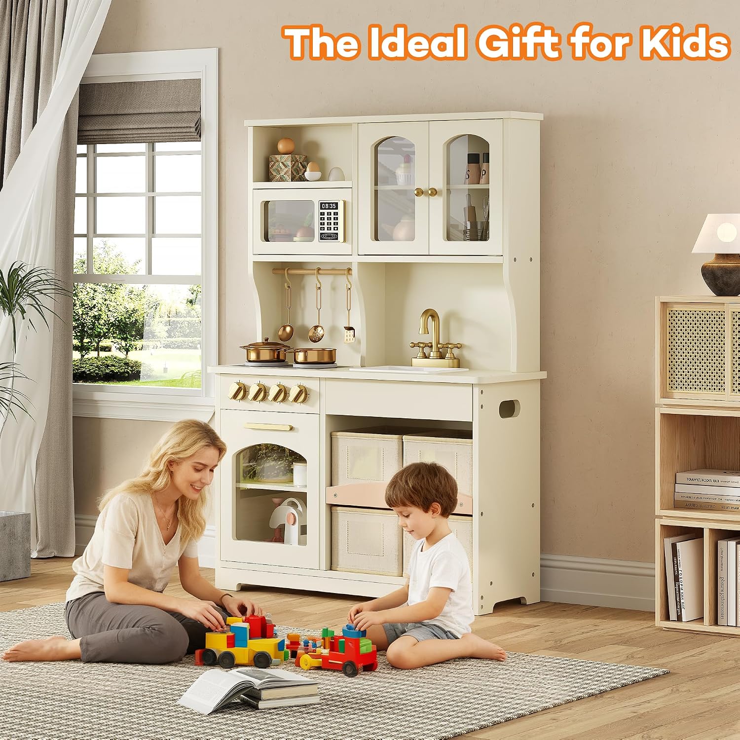 knoworld Play Kitchen for Kids, Wooden Toy Kitchen Set with Smart Storage & Accessories, Toddler Kitchen Playset with Stove & Oven, Pretend Play Set, Gift for Ages 3+, White