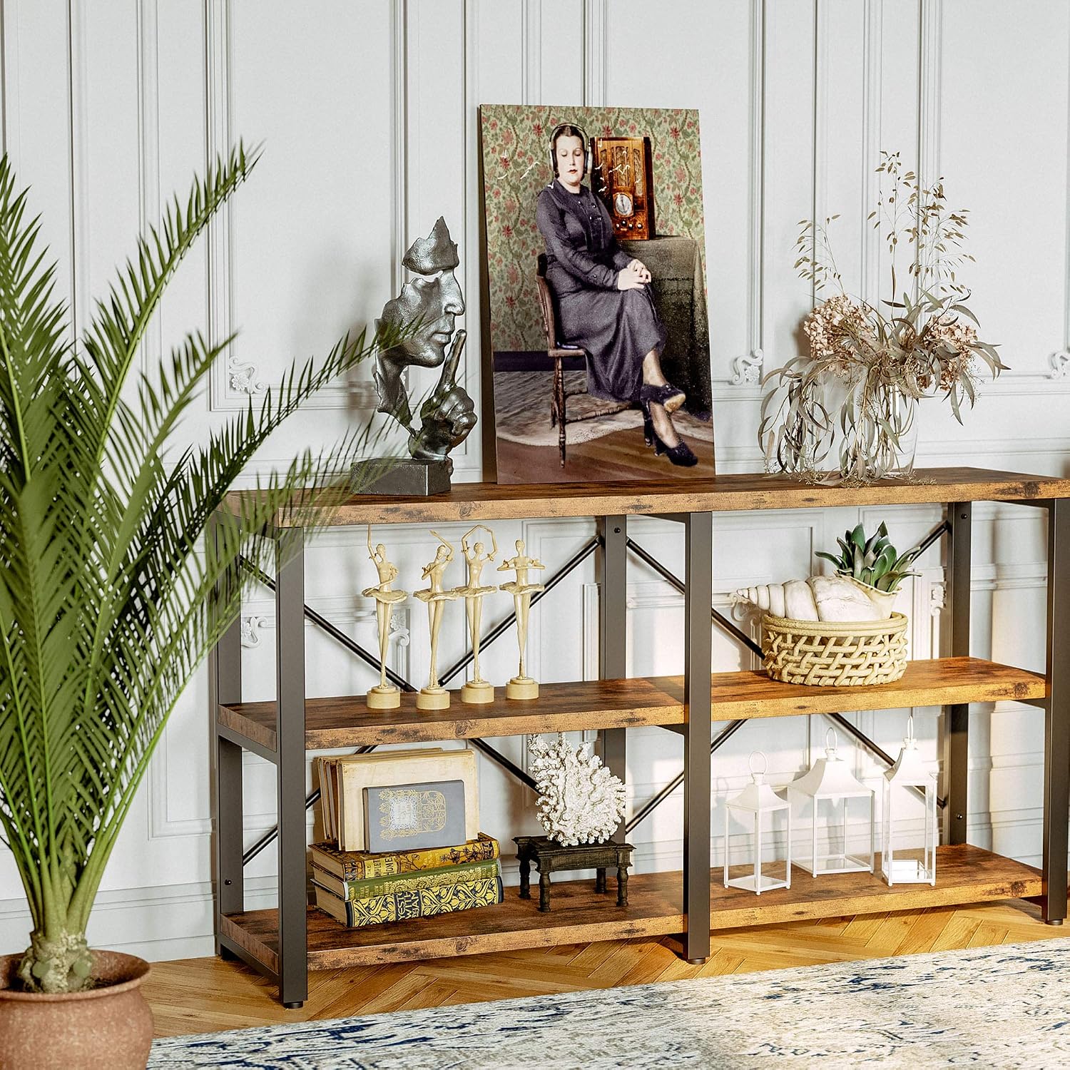 IRONCK Bookshelf Double Wide 55 in 3-Tier, Industrial Bookcases, Wood and Metal Bookshelves, Book Shelves for Home Office Decor Display