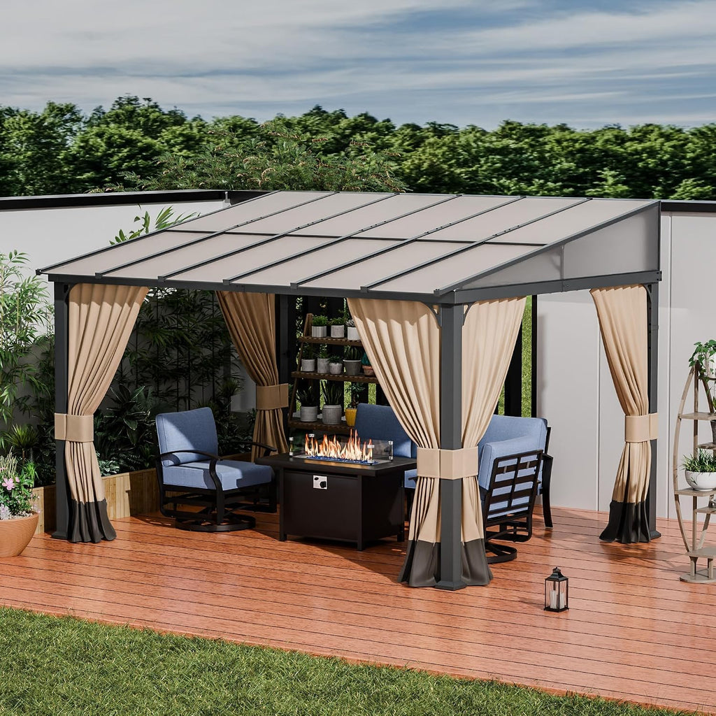 ALAULM 10'x 12' Outdoor Hardtop Pergola,Wall Mounted Lean to Gazebo with Curtains and Netting,Galvanized Metal Frame,Sunshade for Patio, Backyard, Deck and Lawns-Sand