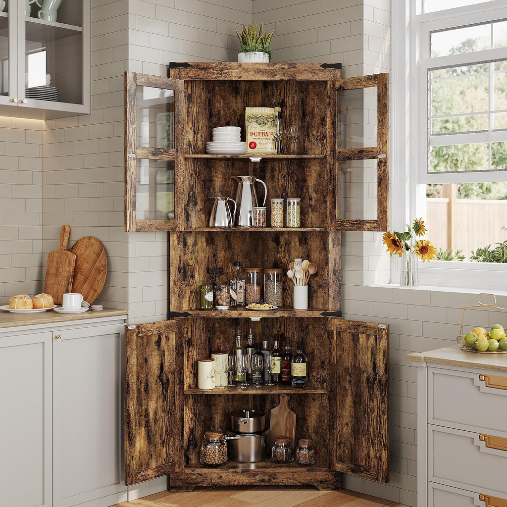 GarveeHome 67 in Tall Corner Storage Cabinet with Lights, Farmhouse Corner Hutch Display Cabinet with Glass Doors, Wooden Storage Organizer for Kitchen, Living Room, Bathroom, Brown