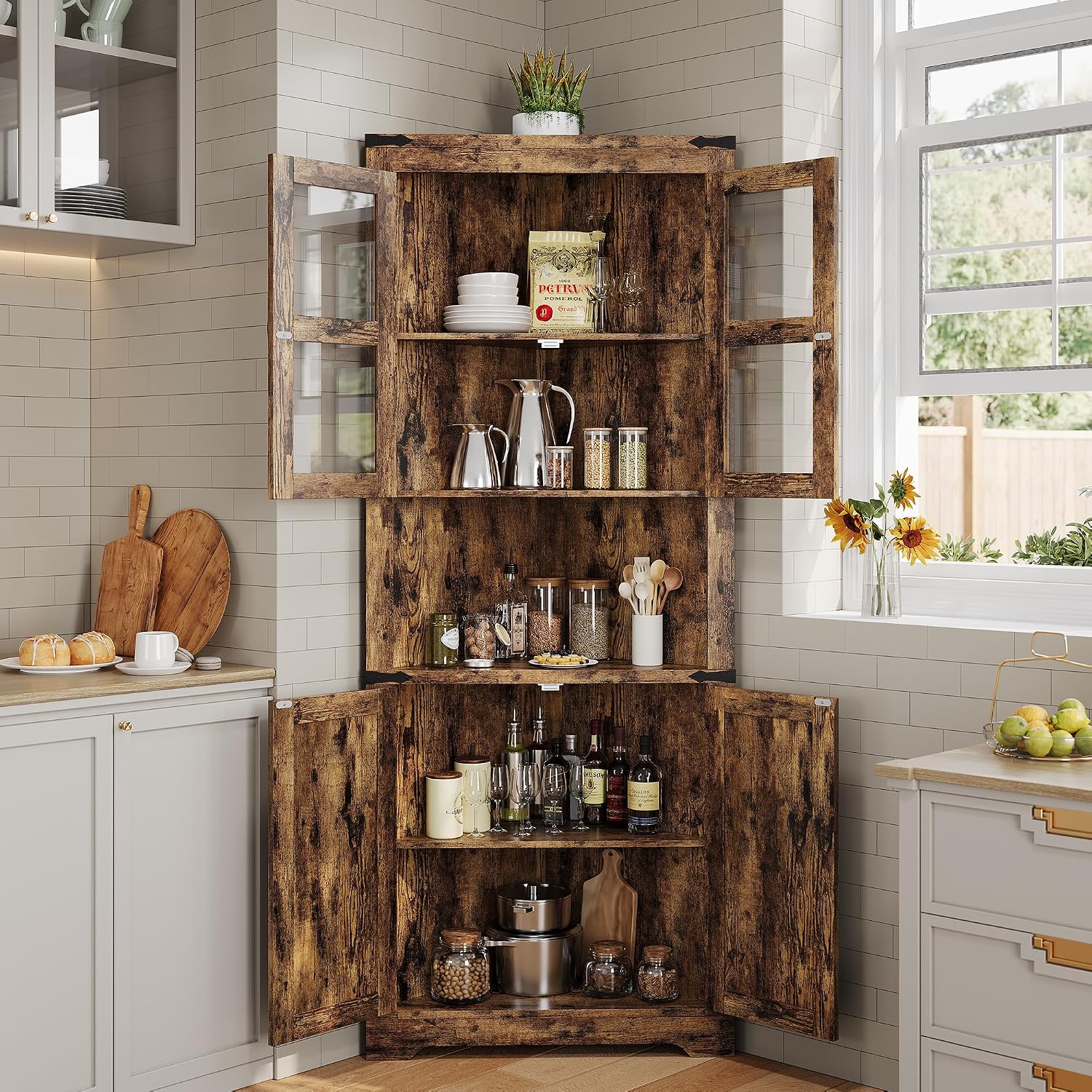 GarveeHome 67 in Tall Corner Storage Cabinet with Lights, Farmhouse Corner Hutch Display Cabinet with Glass Doors, Wooden Storage Organizer for Kitchen, Living Room, Bathroom, Brown