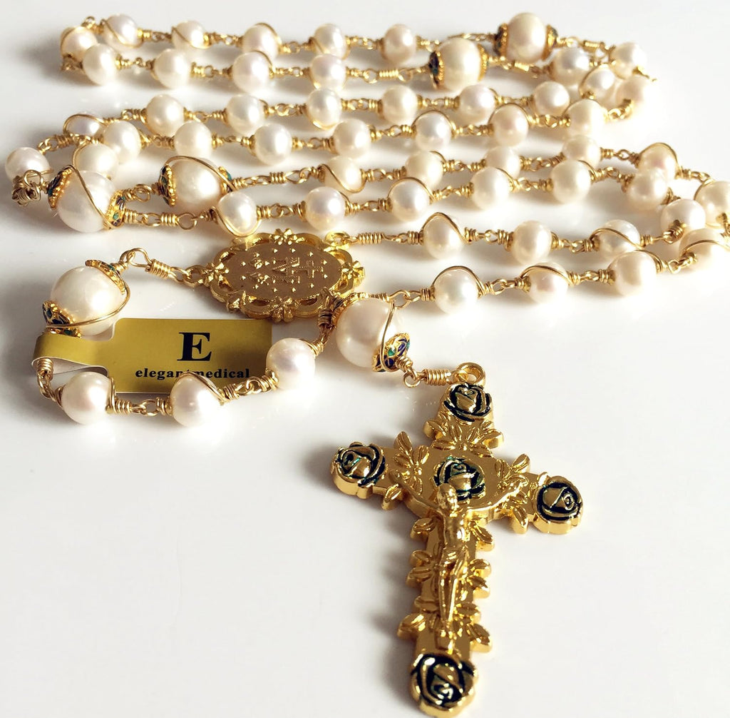 elegantmedical HANDMADE ROSARY Gold plated Wire Wrapped Bead AAA+ White Real Pearl Catholic Necklace Cross Gift Box