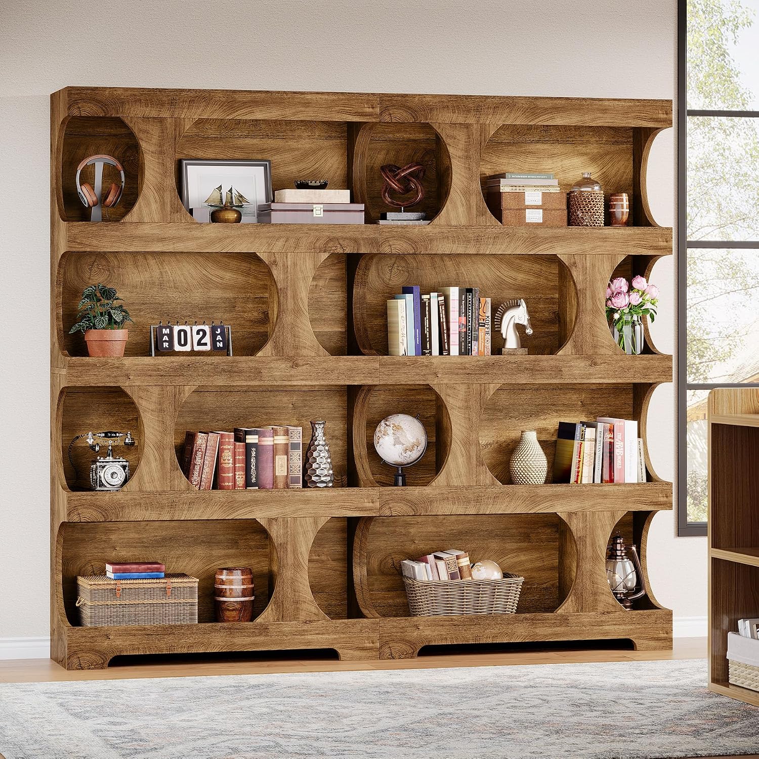 Tribesigns 71' Tall Bookcase Set of 2, Modern Asymmetrical Bookshelf, 4-Tier Freestanding Display Shelf with Classic Shape, Large Library Book Shelf for Living Room, Home Office, Brown