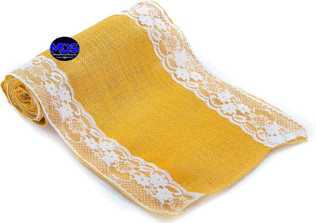 MDS Pack of 20 Wedding 12 x 108 inch Burlap Lace Hessian Table Runner Rustic Gold Jute Country Vintage for Wedding Banquet Decoration – Gold Lace Jute Burlap