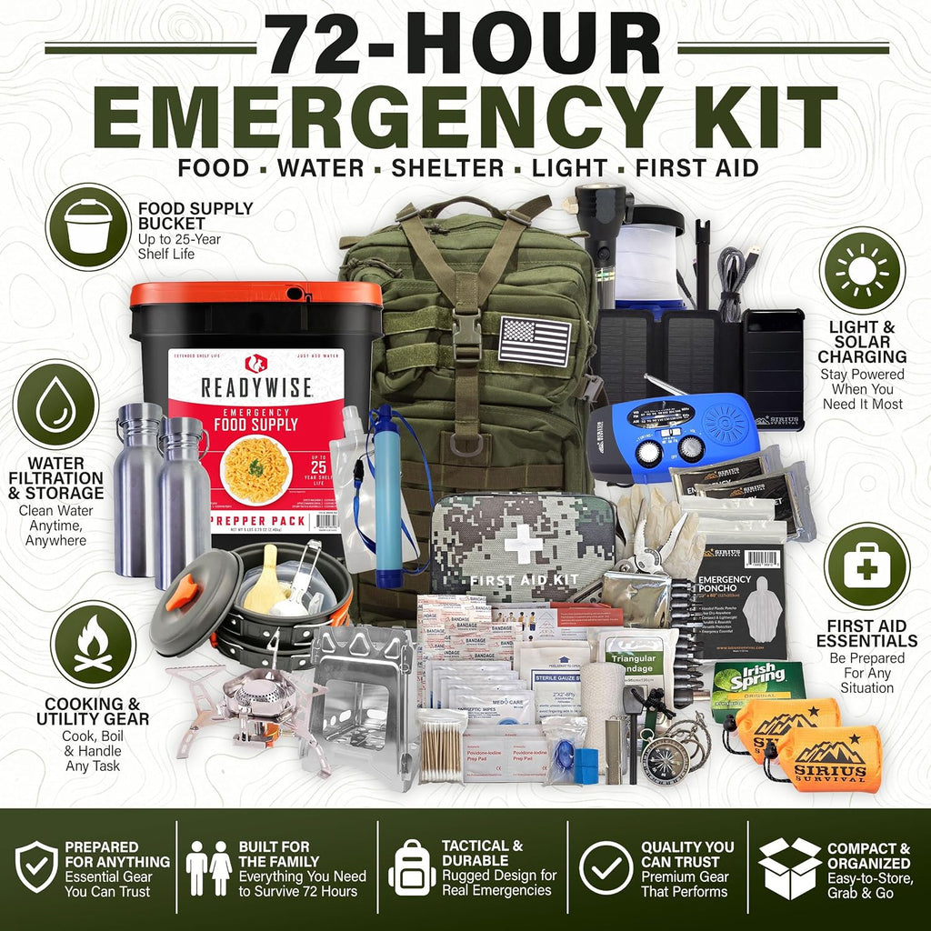 Family Comfort 72 Emergency Survival Kit/Backpack – 72 Hour for 2 People – Disaster Preparedness – Delicious ReadyWise Food, Gear, Lighting, First Aid, Tools & More - Sirius Survival