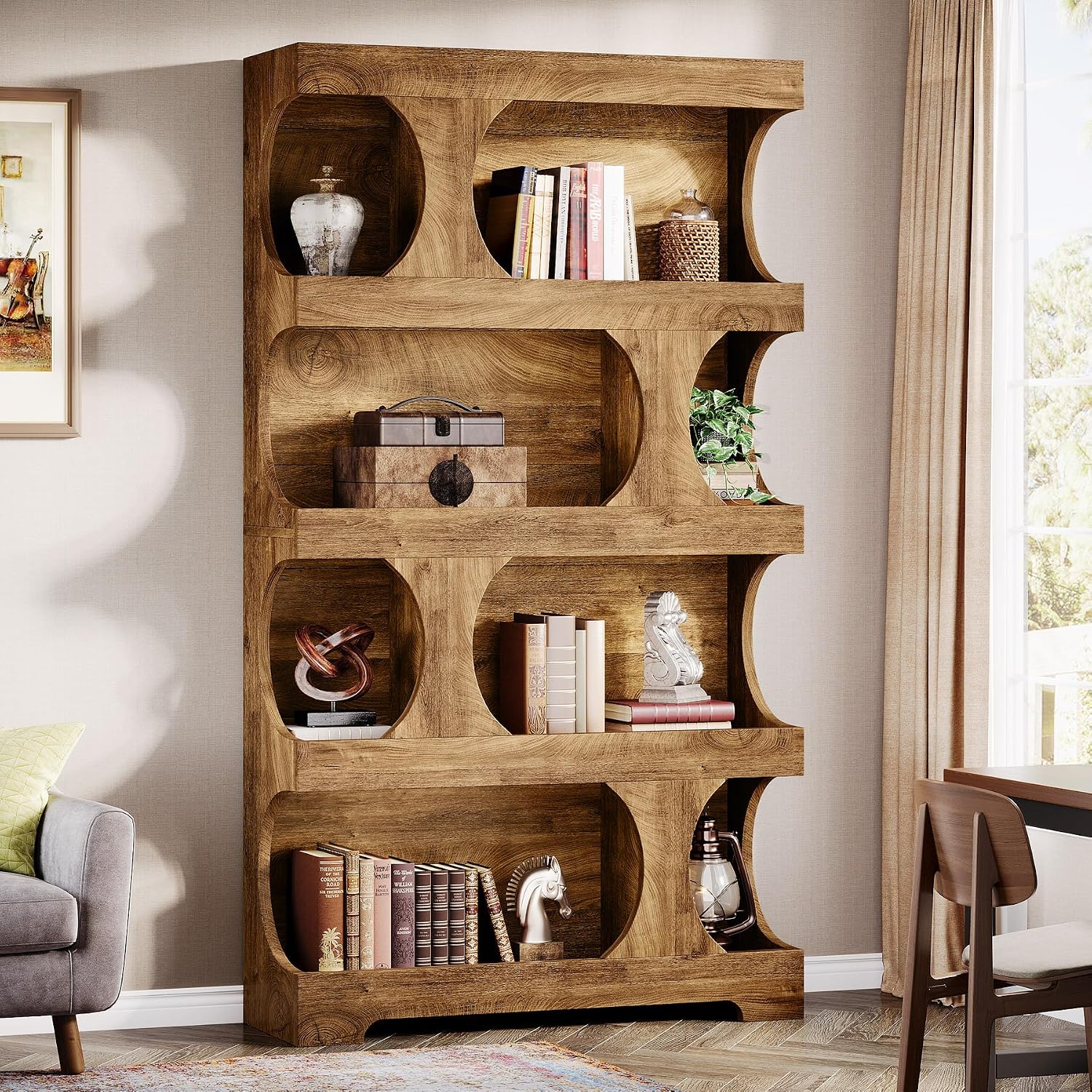 Tribesigns 71' Tall Bookcase Set of 2, Modern Asymmetrical Bookshelf, 4-Tier Freestanding Display Shelf with Classic Shape, Large Library Book Shelf for Living Room, Home Office, Brown