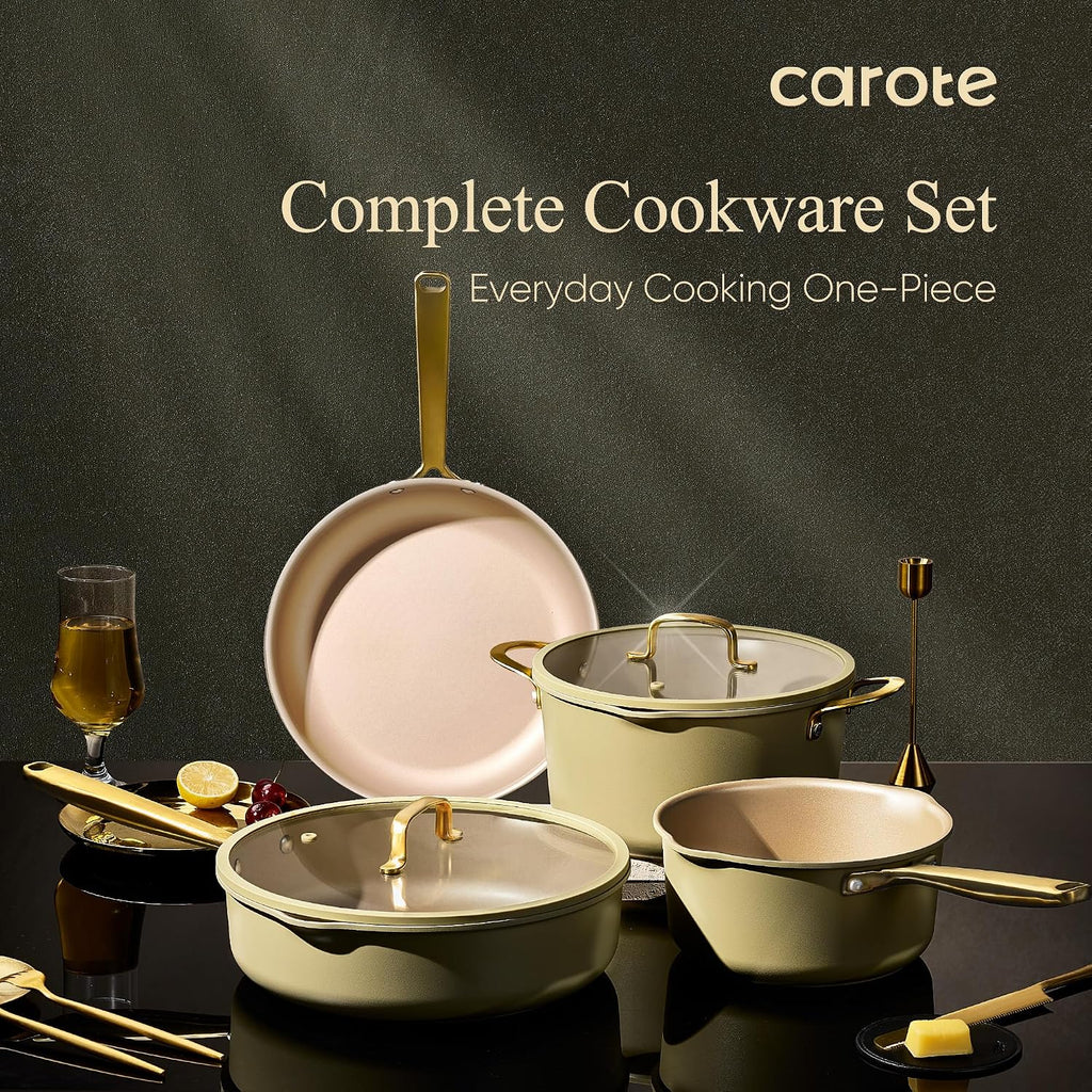 CAROTE 19Pcs Pots and Pans Set, Non Stick Induction Cookware Sets with Durable Cast Steel Handle, Oven-Safe Pots and Pans with Cooking Utensils, PFOS/PFOA Free, Dishwasher Safe, Aluminum