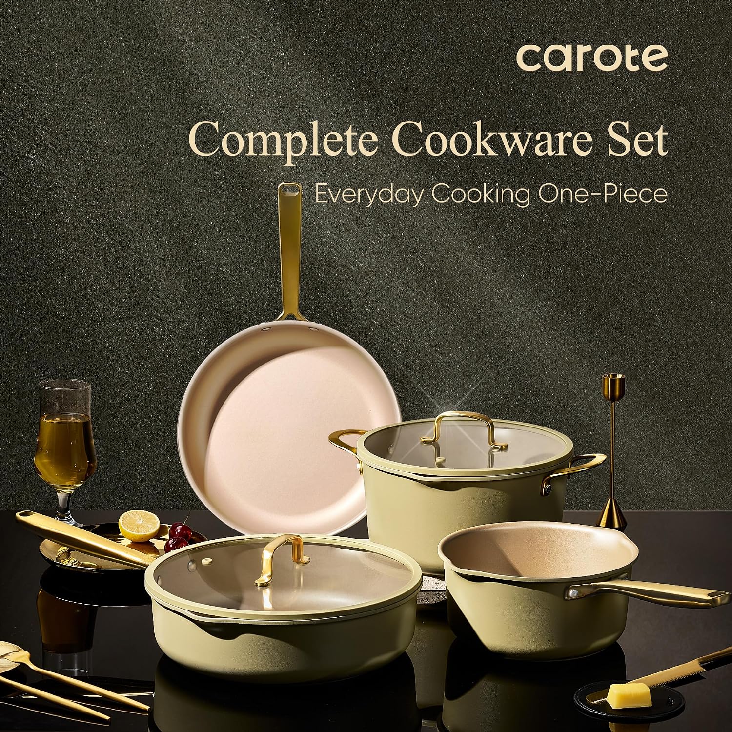 CAROTE 19Pcs Pots and Pans Set, Non Stick Induction Cookware Sets with Durable Cast Steel Handle, Oven-Safe Pots and Pans with Cooking Utensils, PFOS/PFOA Free, Dishwasher Safe, Aluminum
